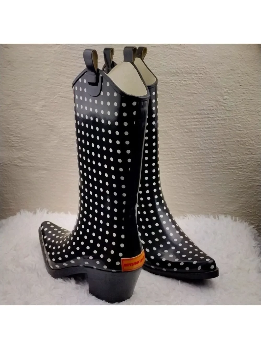 Bit & Bridle Black White Polka Dot Pointed Toe Heeled Western Style Rain Boot